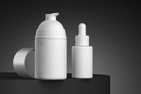 Blank White Plastic Template of Plastic Oil Dropper And Dispenser on Black Showcase And Black Background. 3d 렌더링 — 스톡 사진