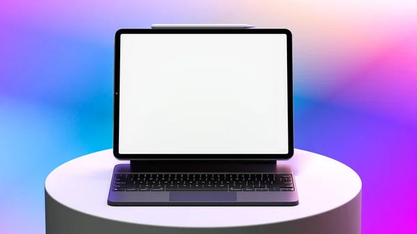 Laptop negro con la pantalla blanca grande en blanco en el fondo multicolor brillante del gradiente. Copiar espacio. renderizado 3d —  Fotos de Stock