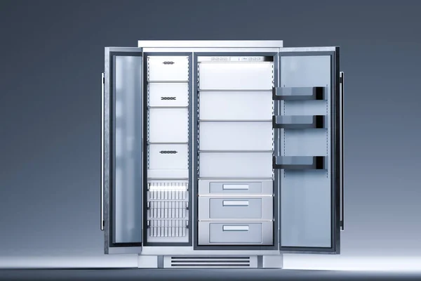 Estantes vacíos de refrigerador de acero grande. Escaparate. Mantenimiento de la dieta. Copiar espacio. Espacio vacío. Renderizado 3d — Foto de Stock