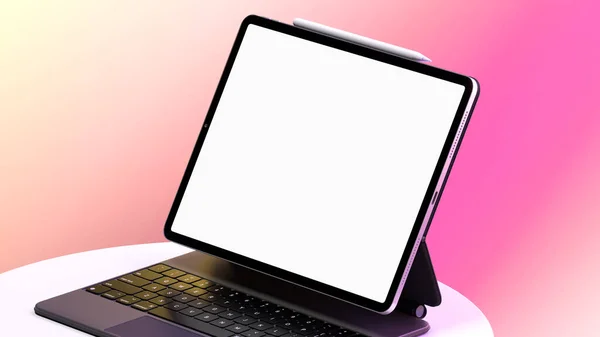 Zwart laptopje met groot blanco wit scherm op een helder verloop veelkleurige achtergrond. Begrepen Ruimte. 3d destructie — Stockfoto