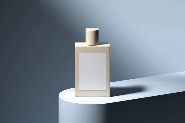 Minimalism och skarpa linjer. Parfym eller kräm burk från matt glas på betong grå Showcase. 3D-konvertering — Stockfoto