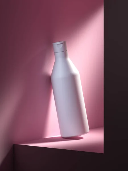 Lotion eller kräm flaska från vit plast på rosa hylla eller Showcase. Uppfattat Space. Tomma rymden. 3D-konvertering — Stockfoto