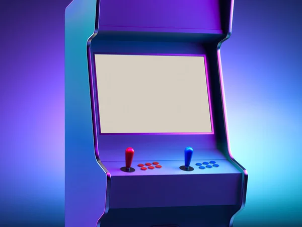 Máquina de Arcade retro con pantalla en blanco iluminada por luz violeta de neón. Renderizado 3d — Foto de Stock