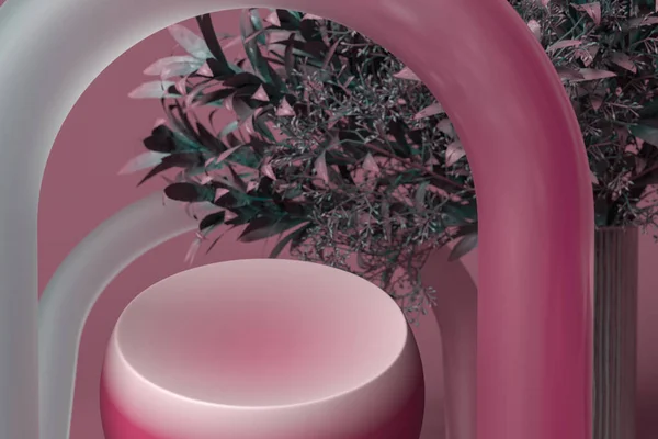 Pertunjukan Putaran Merah Muda Kreatif dengan Luar Angkasa Kosong. Pedestal with Geometric Figure And Tree on Pink Background (dalam bahasa Inggris). Rendering 3d — Stok Foto