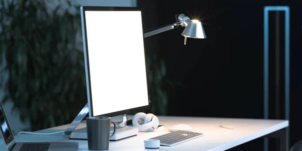 White PC And Blank Laptop With Big Blank White Monitor At Modern Stylish Office At Evening Time (dalam bahasa Inggris). Rendering 3d. — Stok Foto