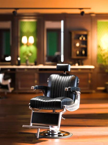 Retro-Interieur des stilvollen Friseursalons. Schwarzer Vintage-Stuhl und großer Spiegel mit warmem Licht beleuchtet. 3D-Darstellung — Stockfoto