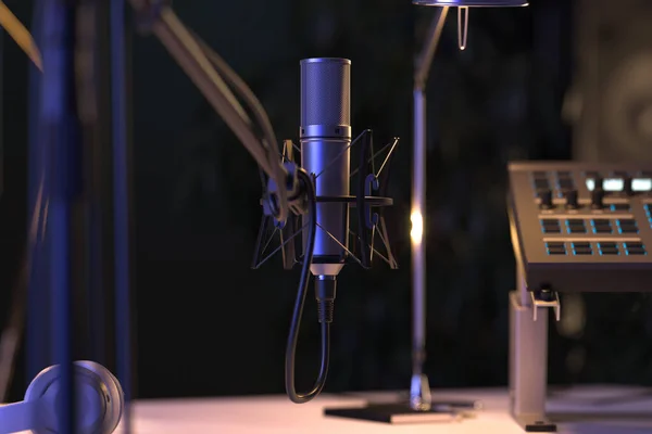 Настройка музыкальной станции. Микрофон и профессиональный микшерный пульт 3d рендеринг — стоковое фото