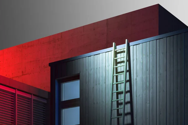 Escadas de madeira inclinam-se para a parede de madeira do edifício, construindo no fundo iluminado pela luz vermelha. Renderização 3d — Fotografia de Stock