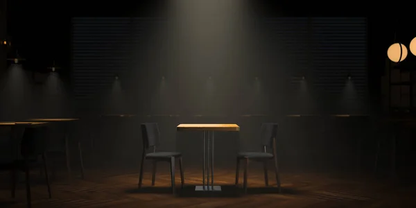 표와 두 개의 의자 (Table and Two Chairs under Spotlight or Lamp in The Center of Cafe Or Restautant). 카페 내부 — 스톡 사진