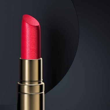 Güzellik konsepti. Koyu arkaplanda kırmızı renkli altın ruj. 3d resimleme.