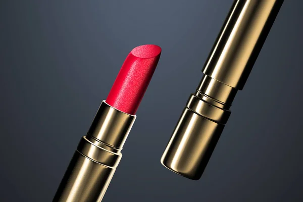 Fondo concepto de belleza. Lápiz labial dorado con color rojo. Ilustración de representación 3d. —  Fotos de Stock