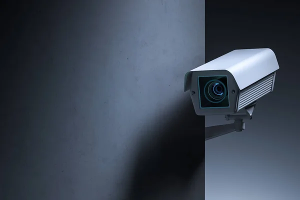 Telecamera di sicurezza dietro l'angolo. Il concetto di spia tecnologica. rendering 3d — Foto Stock