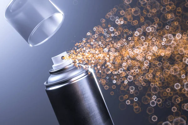 Black Aerosol Paint Can met lege ruimte spuiten Golden Sparks op blauwe achtergrond. 3d weergave. Minimalisme. — Stockfoto