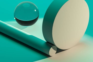 Reklam malzemeleri sunumu için matte boş silindir duvar. Soyut geometrik figürlerden oluşan podyum sahnesi. 3d oluşturma