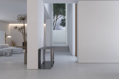 Sağlam, geometrik çizgileri ve biçimleri olan bir oturma odası. Minimalizm ve yapıcılık kavramı. Reklam için kopyalama alanı olan beyaz duvar.