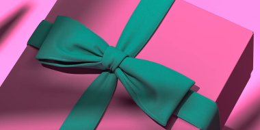 Bayramlarda fiyonklu boş hediye kutusu, kutlama ve satış etkinliği konsepti. Pembe hediye kutusunun üzerinde yeşil kurdele ve pembeli fiyonk var. 3d oluşturma. 