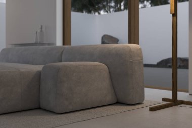 Minimalizm ve yapıcılık kavramı. Bej tasarım rahat kanepe büyük terasın yanında. 