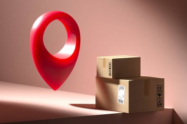 Çevrimiçi siparişler, alışveriş, teslimat ve paket takibi kavramı. Harita iğnesinin yanındaki pembe vitrinde karton kutular. Minimalizm. 3d oluşturma