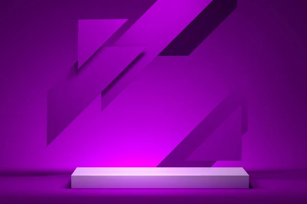 Escaparate para branding y presentación de productos. Blanco cuadrado en blanco cerca de patrón geométrico violeta. renderizado 3d —  Fotos de Stock