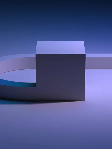 Composizione minimalista astratta con ombre profonde per pubblicità di merci. Cubo blu vuoto con coda su sfondo blu per la presentazione del prodotto. rendering 3d — Foto Stock