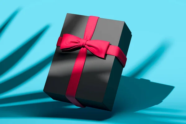 Порожня подарункова коробка з бантом для свят, святкування та концепції торгової події. Чорна подарункова коробка з рожевою стрічкою на синьому фоні. 3D візуалізація . — стокове фото