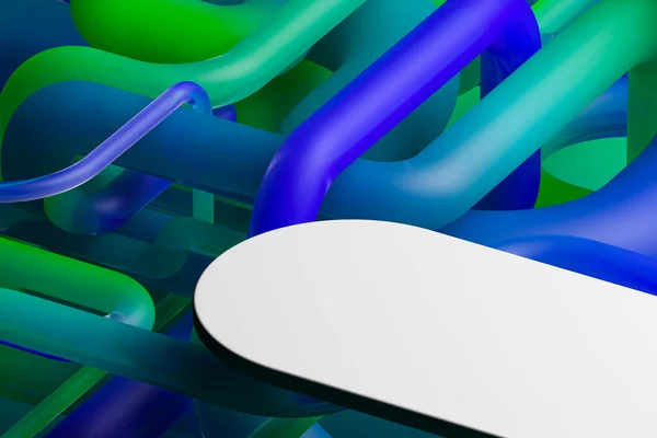 Schaufenster für Branding und Produktpräsentation. Blauer leerer Sockel in der Nähe des Gefälles bunte Rohre auf blauem Hintergrund. 3D-Darstellung — Stockfoto