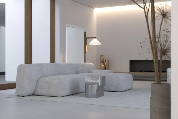 Stijlvol interieur van woonkamer met stevige en geometrische lijnen en vormen. Minimalisme en constructivisme concept. Witte muur met kopieerruimte voor reclame. — Stockfoto