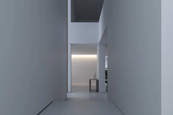 Стильный интерьер коридора с твердыми и геометрическими линиями и формами. Концепция минимализма и конструктивизма. Белая стена с копировальным местом для рекламы. — стоковое фото