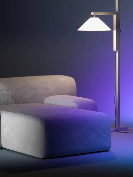 Stile minimalista. Primo piano di design beige comodo divano vicino alla lampada da terra elegante su sfondo sfumato viola. rendering 3d — Foto Stock