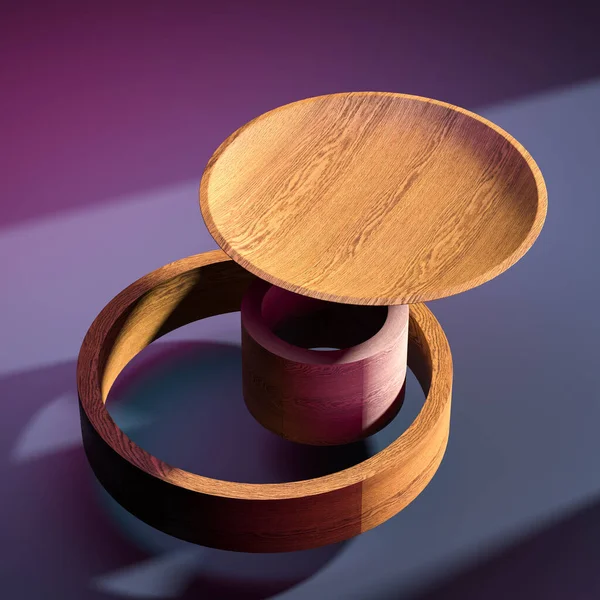 Holzvitrine für Branding und Produktpräsentation. Luxuriöser Holzsockel mit runden runden Elementen auf dunklem Hintergrund. 3D-Darstellung — Stockfoto