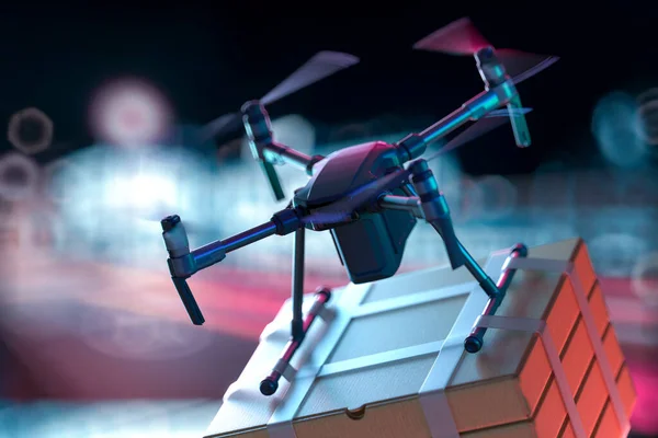 Begreppet expressleverans och online-beställningar. Drone quadcopter leverera order till köpare per natt stad .3d rendering — Stockfoto