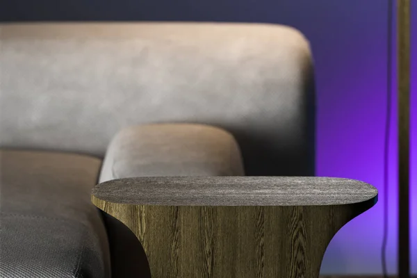 Estilo minimalista. Sofá cómodo de diseño beige con mesa de centro elegante de madera sobre fondo degradado violeta. renderizado 3d —  Fotos de Stock