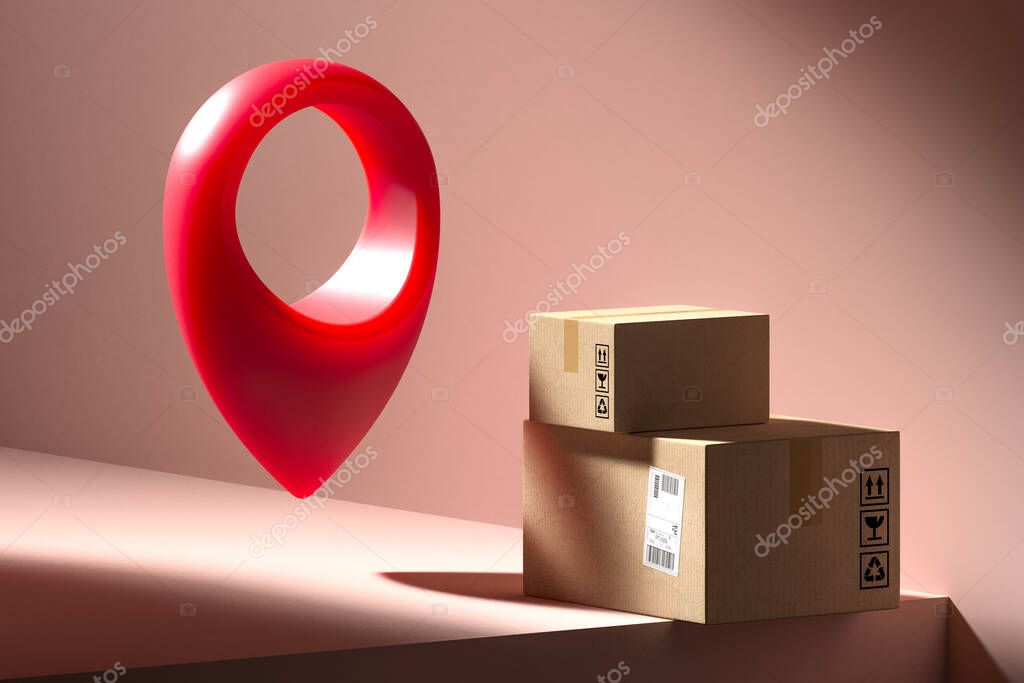Concept of online orders, shopping, delivery and tracking of parcel. Cardboard boxes on pink showcase near map pin. Minimalism. High quality 3d rendering