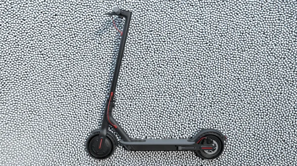 Het concept van online aankoop van een elektrische kick scooter en de verpakking voor levering. Scooter vallen in beschermende verpakking kralen. 3d destructie — Stockfoto