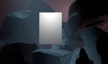 Siyah bir mağarada beyaz boş pankart. 3d oluşturma