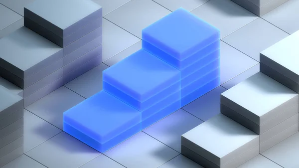 Neon blocks growing up as a graph chart. Growth and development concept. 3d rendering — 스톡 사진