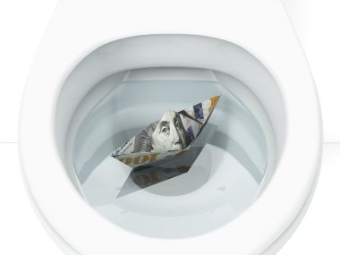 White toilet with boat from dollar bill clipart