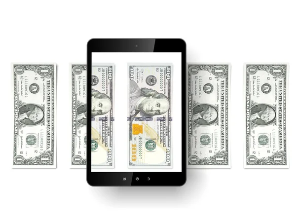 Czarny tablet pc z dolarów — Zdjęcie stockowe