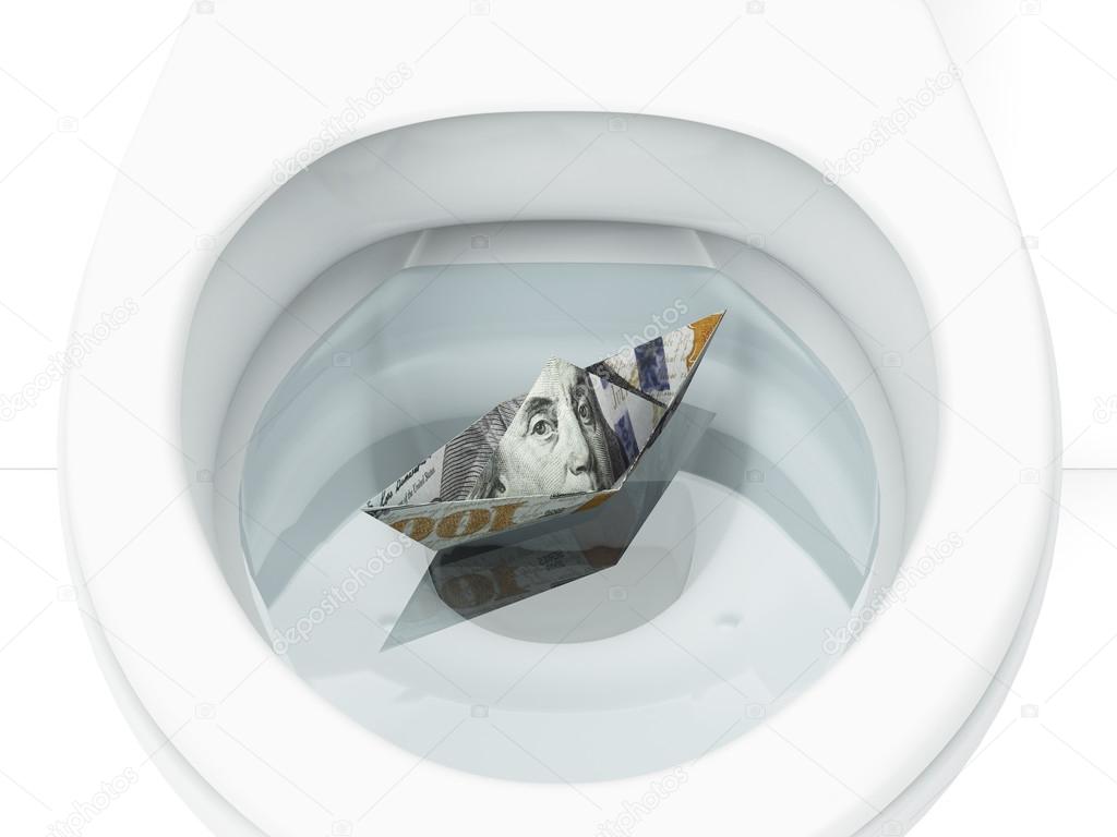 White toilet with boat from dollar bill