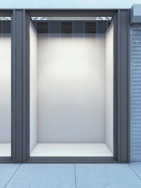 Eempty skyltfönster för butik med vit vägg — Stockfoto