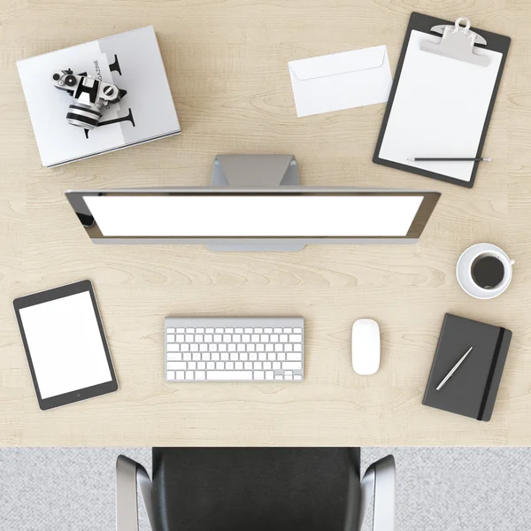 Wooden table with a computer — Stock Photo, Image