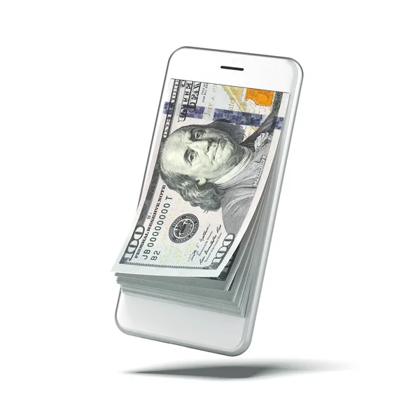 Dolarów, wewnątrz biały inteligentny telefon — Zdjęcie stockowe