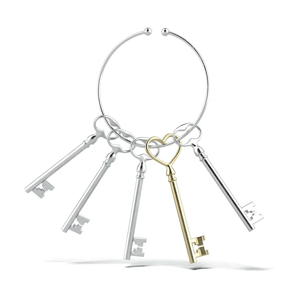 Chiave d'argento a forma di cuore e altre chiavi — Foto Stock