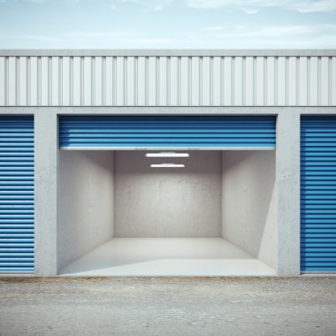 Empty storage unit with opened door clipart