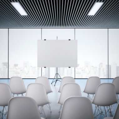 Konferans salonu ile boş perde. 3D render