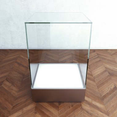 Sergi için boş cam vitrin. 3d oluşturma