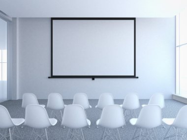 Konferans salonu ile boş perde. 3D render