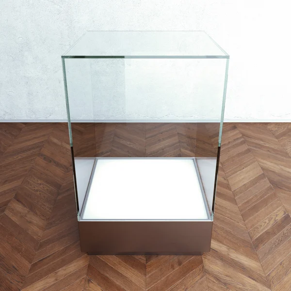 Prázdná skleněná vitrína na exponát. 3D vykreslování — Stock fotografie