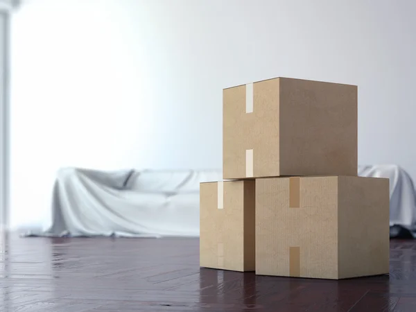 Cardboard moving boxes in interior. 3d rendering — Stock Photo, Image