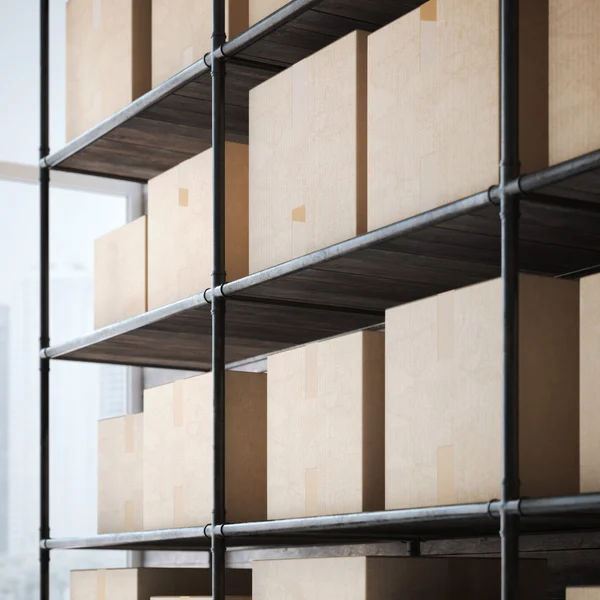 Shelves with cardboard boxes. 3d rendering — Stock Photo, Image